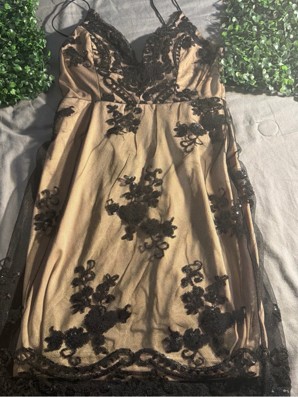 Spaghetti-Strap Mini Dress with Black Lace Overlay on Nude Base